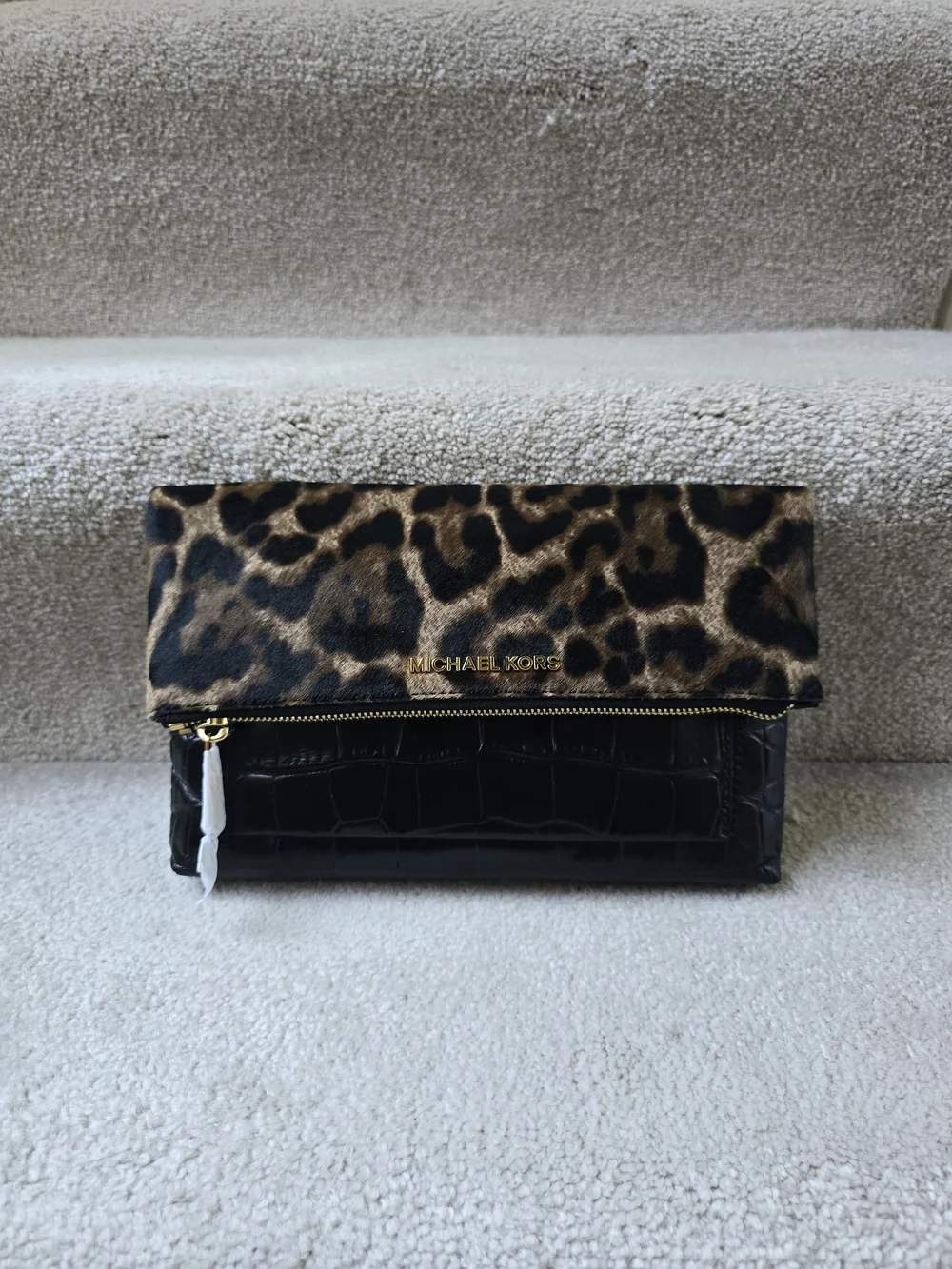 Michael Kors Leopard-Trim Fold-Over Crossbody in Black and Brown